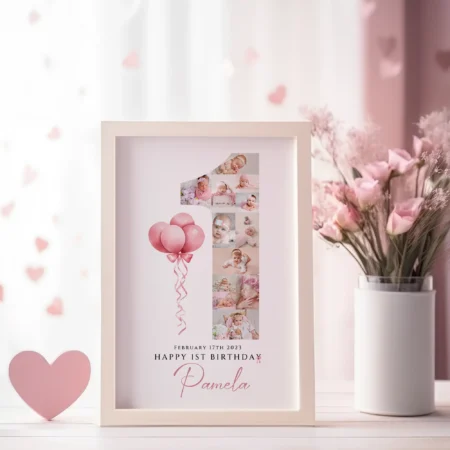 Number 1 Collage for First Birthday With Pink Balloons